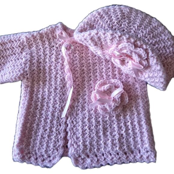 NEW Handmade Crocheted BABY GIRL CARDIGAN SWEATER AND BERET PINK - Picture 1 of 7